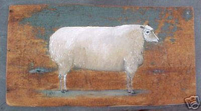 Primitive Painted Sheep on Old Green Wood
