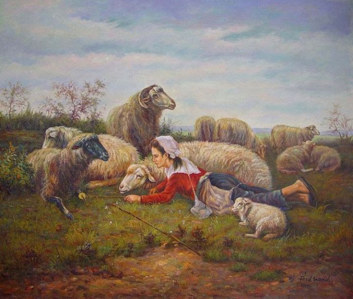 Reclining Shepherdess with Ewes and Lambs