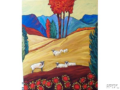 Red Sunflowers and Sheep