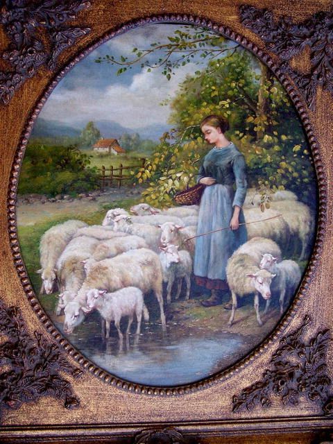 Romantic Shepherdess with Sheep Flock