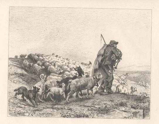 Sheep and Goat with Shepherd and Pipe