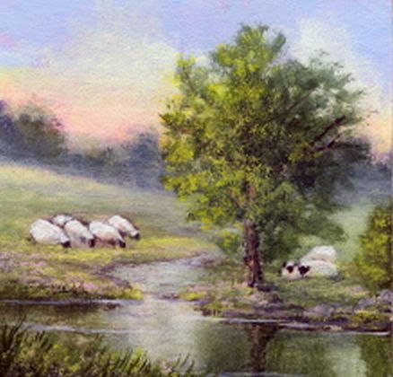 Sheep By the Farm Pond