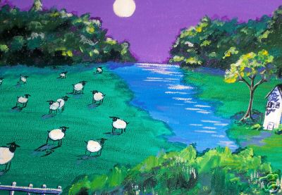 Sheep By the River in Moonlight