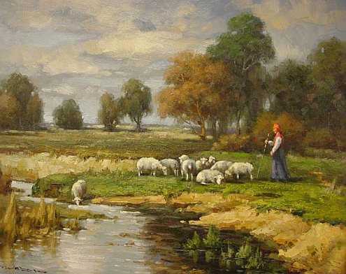 Sheep Flock By Water