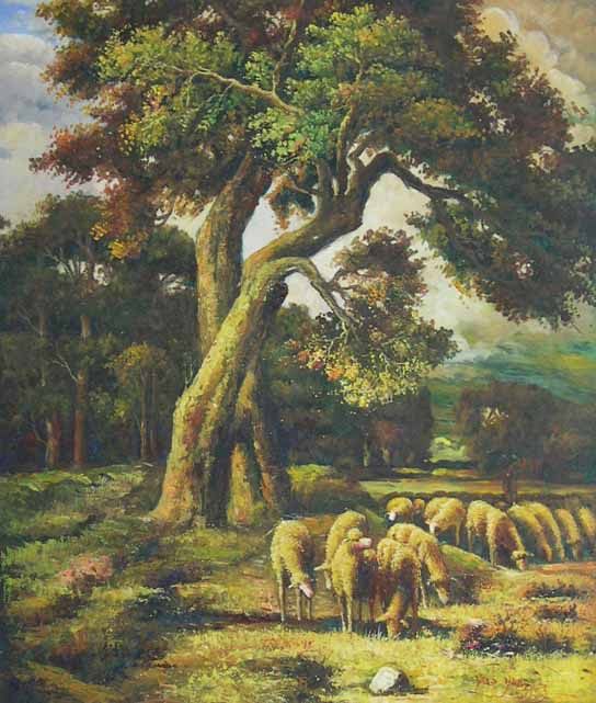 Sheep Flock Under Two Trees
