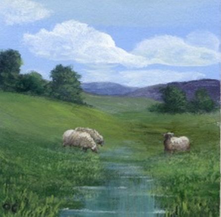 Sheep Grazing By Water