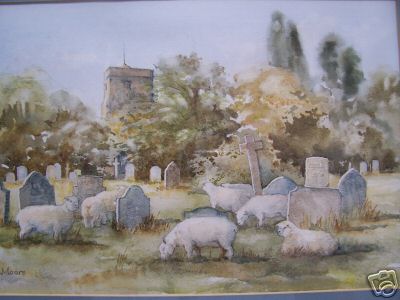 Sheep Grazing in a Cemetary Watercolour