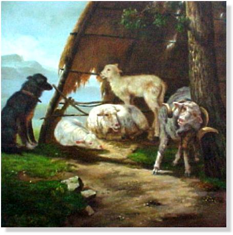 Sheep in Hut with Dog