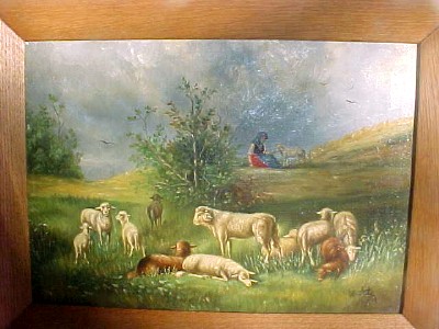 Sheep with Moorit Shepherdess and Dog