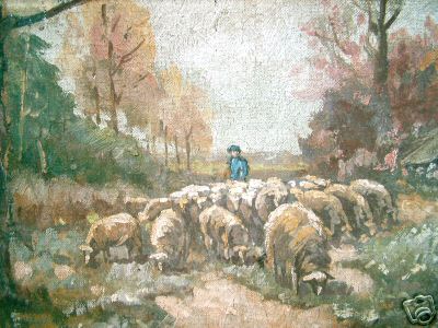 Sheep with Shepherd Eating