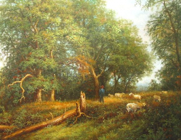 Sheep with Shepherd in Woods
