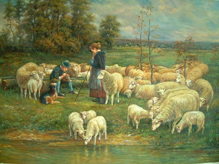 Sheep with Shepherdess and Boy with Dog