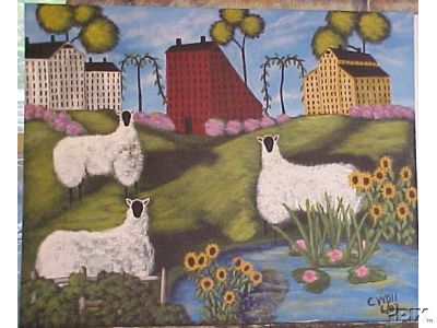 Sheep with Sunflowers and Lilies