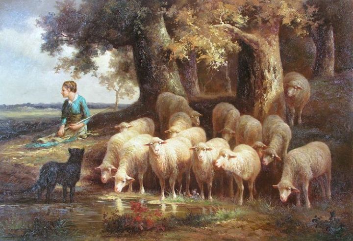 Shepherd in Blue with Sheep