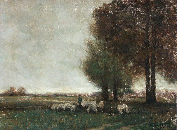 Shepherd in Meadow with Sheep