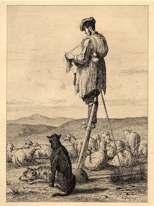 Shepherd Knitting Socks on a Ladder