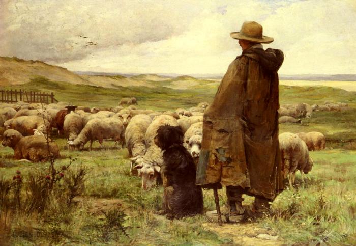 Shepherd with Dog and Grazing Sheep