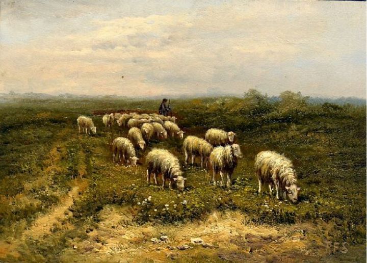 Shepherd with Grazing Sheep Flock
