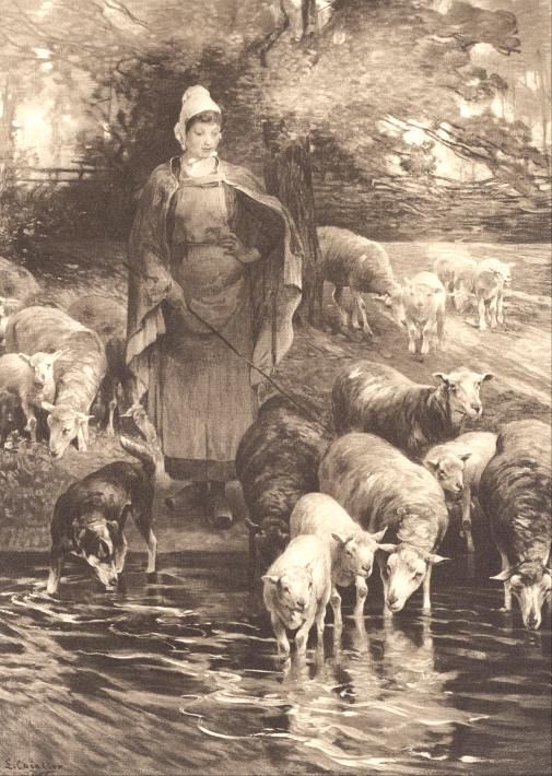 Shepherdess and Sheep Drinking