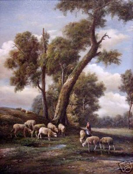 Shepherdess and Sheep Under an Old Tree