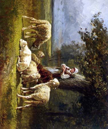 Shepherdess Carying Load with Sheep