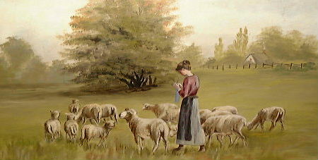 Shepherdess Knitting Socks with Sheep