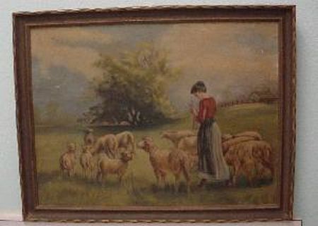 Shepherdess Knitting with Sheep