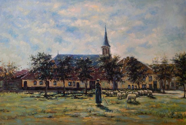 Shepherdess Sheep Graze Church Yard