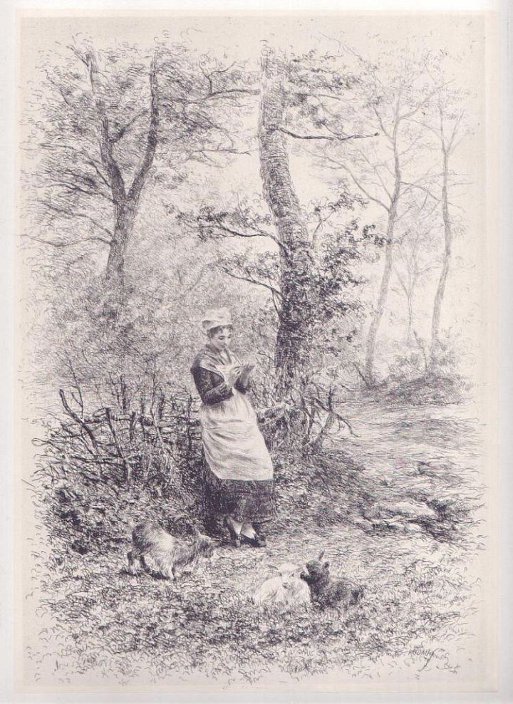 Shepherdess with 2 Kids and a Lamb