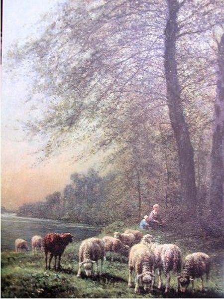 Shepherdess with Child Watches Sheep