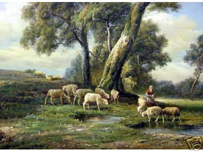 Shepherdess with Sheep Drinking at Pools