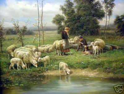 Shepherds with Sheep Near Water