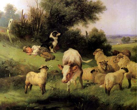 Sleeping Boy with Calf Sheep and Dog