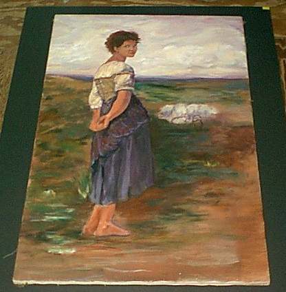 Streched Shepherdess with Bare Feet and Sheep