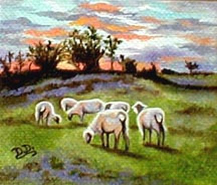 Tiny Sheep Graze at Sunset