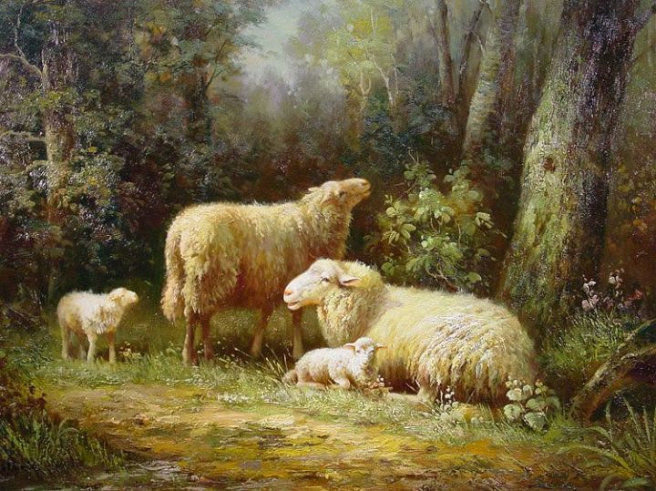 Two Ewes with Lambs in the Woods