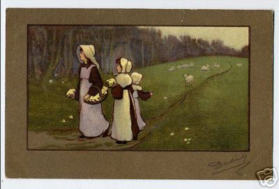 Two Girls with Bonnets Flowers Sheep