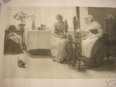 Two Women Spinning Flax Kitten