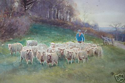 Watercolor Landscape with Sheep