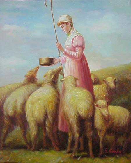 Woman Feeding Sheep in a Little Bowl