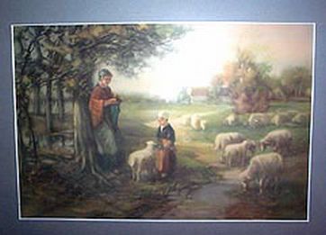 Woman Knitting with Child and Sheep