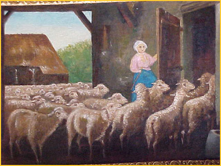 Woman Puting Sheep in Barn