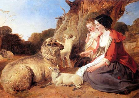 Woman with Child Ewe with Twins