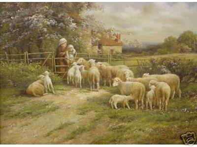 Woman with Child Petting Sheep in Spring