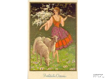 Woman with Flowering Branch and Sheep