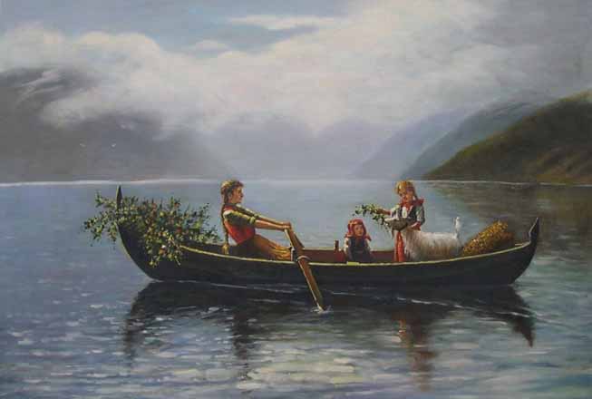 Woman with Rwo Girld and a Goat in a Boat