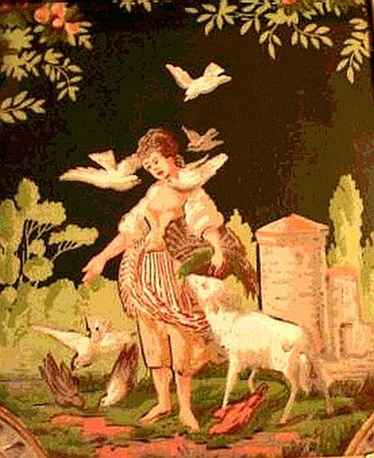 Woman with Sheep Feeding Birds