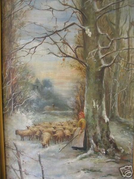Woman with Sheep Flock in Snow
