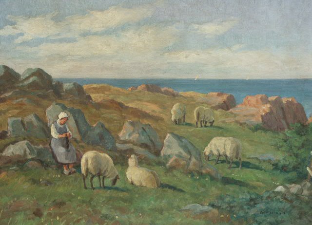 Woman with Sheep Knitting Socks