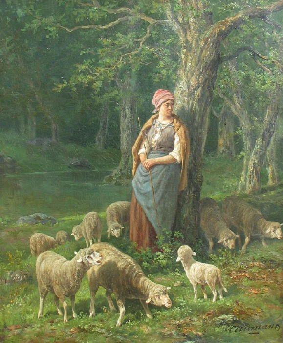 Wonderful Shepherdess with Sheep in Wooded Glade